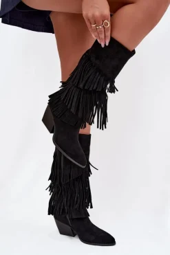 Ocieplane Kozaki Kowbojki Damskie Z Frędzlami Czarne Brivina