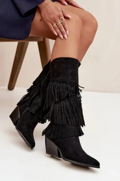 Ocieplane Kozaki Kowbojki Damskie Z Frędzlami Czarne Brivina