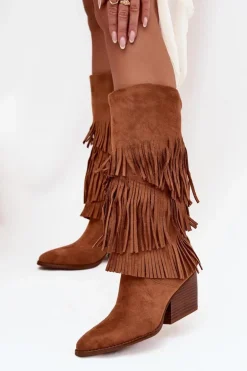 Ocieplane Kozaki Kowbojki Damskie Z Frędzlami Camel Brivina