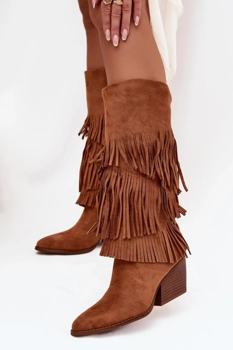 Ocieplane Kozaki Kowbojki Damskie Z Frędzlami Camel Brivina