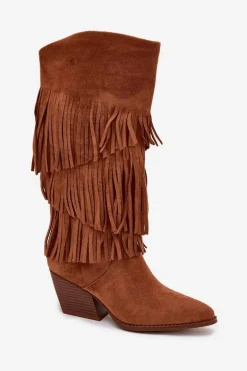 Ocieplane Kozaki Kowbojki Damskie Z Frędzlami Camel Brivina