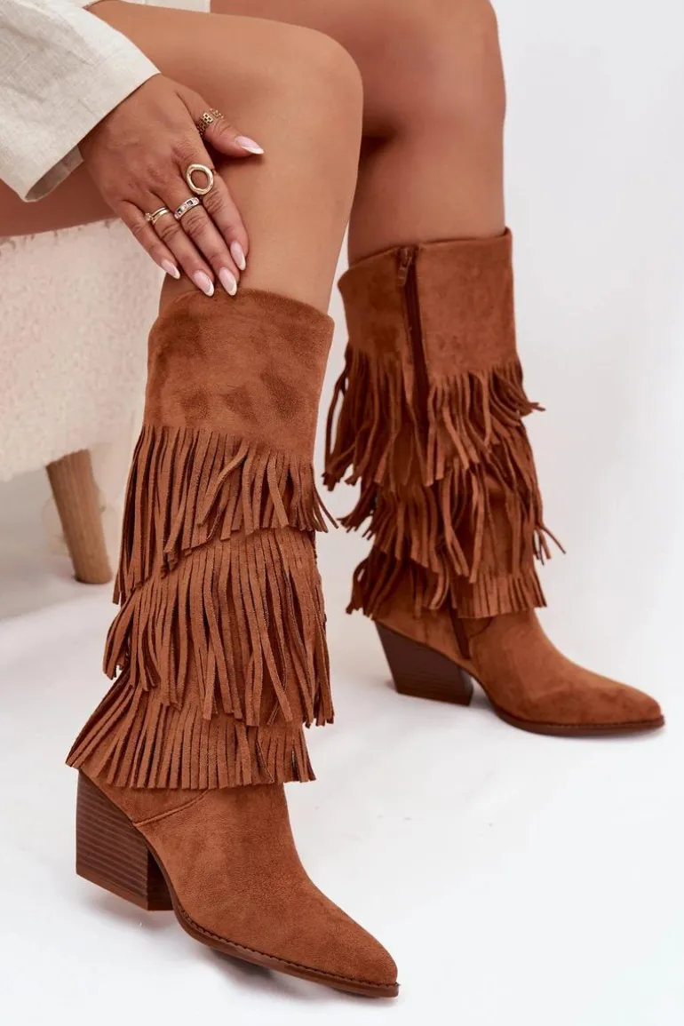 Ocieplane Kozaki Kowbojki Damskie Z Frędzlami Camel Brivina