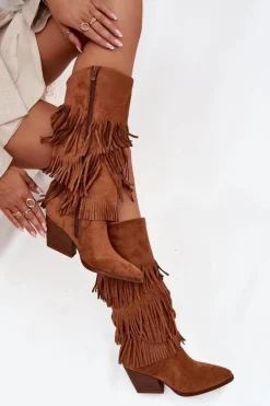 Ocieplane Kozaki Kowbojki Damskie Z Frędzlami Camel Brivina