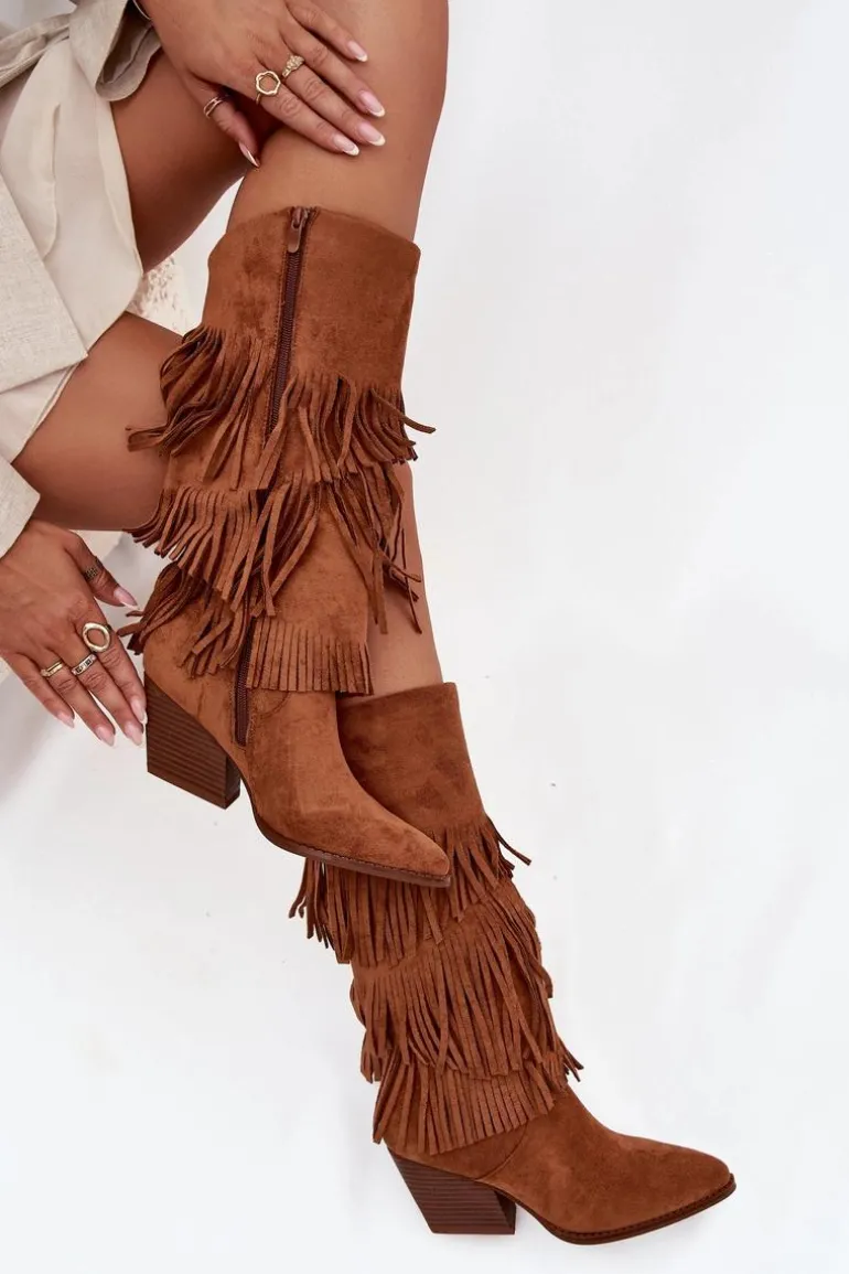 Ocieplane Kozaki Kowbojki Damskie Z Frędzlami Camel Brivina