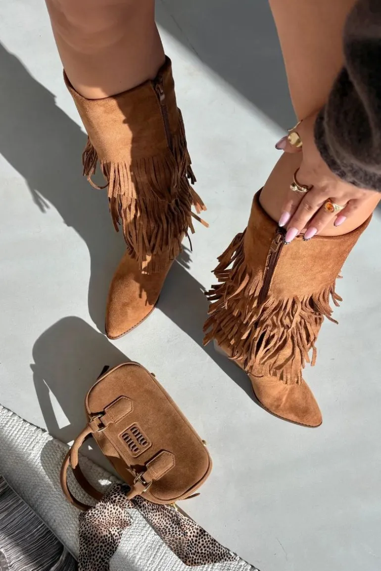 Ocieplane Kozaki Kowbojki Damskie Z Frędzlami Camel Brivina