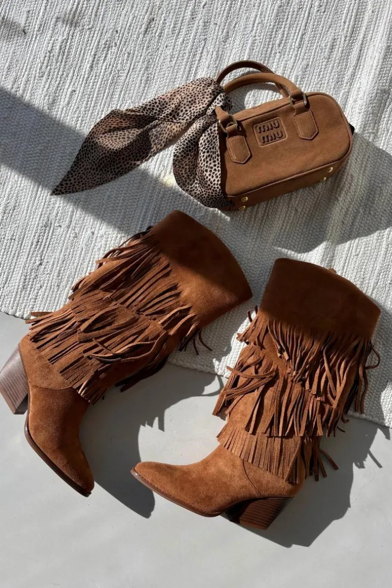 Ocieplane Kozaki Kowbojki Damskie Z Frędzlami Camel Brivina