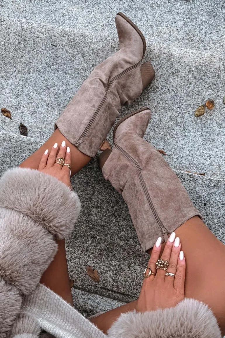 Ocieplane Kozaki Kowbojki Na Słupku Z Eko Zamszu Beżowe Mavine