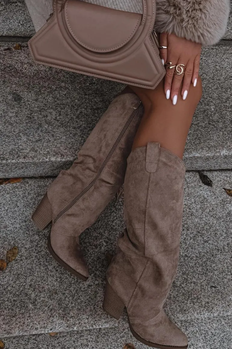 Ocieplane Kozaki Kowbojki Na Słupku Z Eko Zamszu Beżowe Mavine