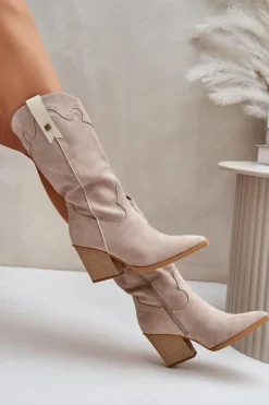 Ocieplane Kozaki Kowbojki Na Słupku Eko Zamszowe Beżowe Hanivin