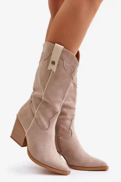 Ocieplane Kozaki Kowbojki Na Słupku Eko Zamszowe Beżowe Hanivin