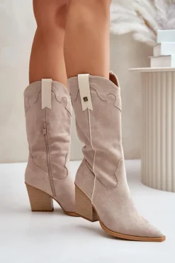 Ocieplane Kozaki Kowbojki Na Słupku Eko Zamszowe Beżowe Hanivin