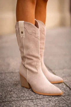 Ocieplane Kozaki Kowbojki Na Słupku Eko Zamszowe Beżowe Hanivin