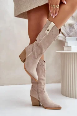 Ocieplane Kozaki Kowbojki Na Słupku Eko Zamszowe Beżowe Hanivin