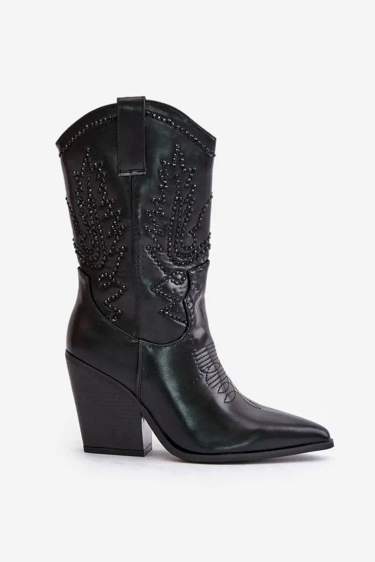 Ocieplane Kozaki Kowbojki Na Słupku Ze Zdobieniem Czarne Arlitta