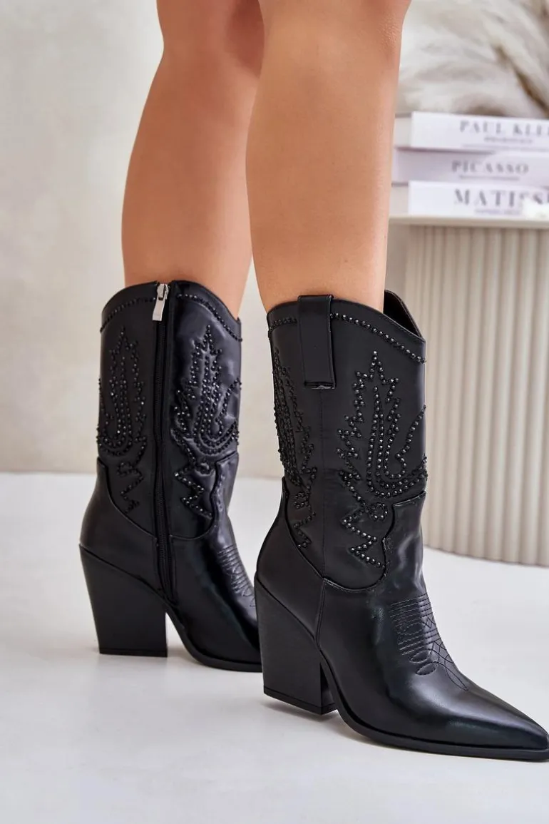 Ocieplane Kozaki Kowbojki Na Słupku Ze Zdobieniem Czarne Arlitta