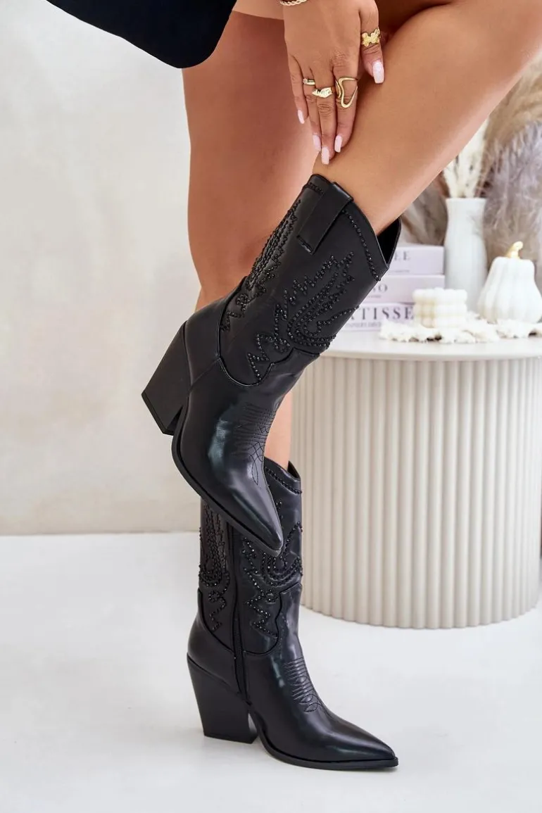 Ocieplane Kozaki Kowbojki Na Słupku Ze Zdobieniem Czarne Arlitta