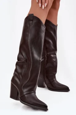 Ocieplane Kozaki Kowbojki Na Słupku Z Eko Skóry Czekoladowe Mavine