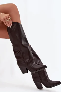 Ocieplane Kozaki Kowbojki Na Słupku Z Eko Skóry Czekoladowe Mavine