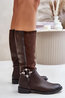 Ocieplane Kozaki Na Płaskim Obcasie Z Ozdobną Klamrą Brązowe Leatharia