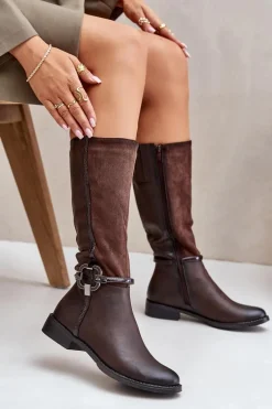 Ocieplane Kozaki Na Płaskim Obcasie Z Ozdobną Klamrą Brązowe Leatharia