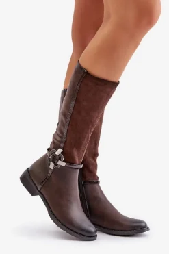 Ocieplane Kozaki Na Płaskim Obcasie Z Ozdobną Klamrą Brązowe Leatharia