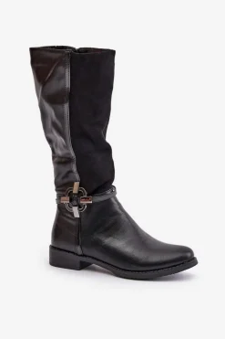 Ocieplane Kozaki Na Płaskim Obcasie Z Ozdobną Klamrą Czarne Leatharia