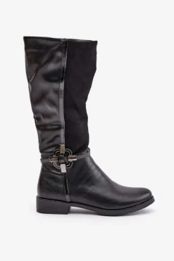 Ocieplane Kozaki Na Płaskim Obcasie Z Ozdobną Klamrą Czarne Leatharia