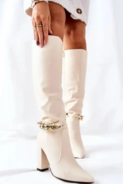 Ocieplane Kozaki Na Słupku Z Łańcuchem Beżowe Franti