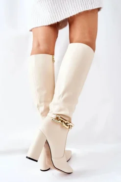 Ocieplane Kozaki Na Słupku Z Łańcuchem Beżowe Franti