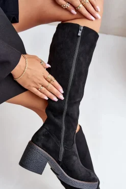 Ocieplane Kozaki Na Słupku Eko Zamszowe Przed Kolano Czarne Leamirael