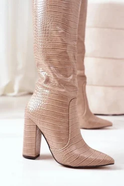 Ocieplane Kozaki Na Słupku Beżowe Larissa