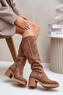 Ocieplane Kozaki Na Słupku Eko Zamszowe Przed Kolano Brązowe Leamirael