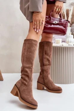 Ocieplane Kozaki Na Słupku Eko Zamszowe Przed Kolano Brązowe Leamirael