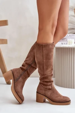 Ocieplane Kozaki Na Słupku Eko Zamszowe Przed Kolano Brązowe Leamirael