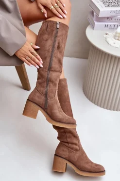 Ocieplane Kozaki Na Słupku Eko Zamszowe Przed Kolano Brązowe Leamirael