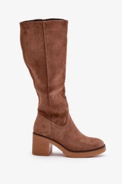 Ocieplane Kozaki Na Słupku Eko Zamszowe Przed Kolano Brązowe Leamirael