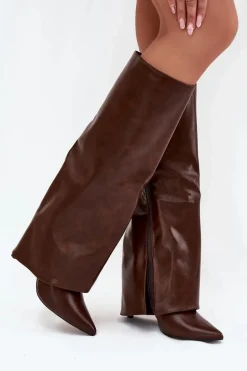 Ocieplane Kozaki Na Szpilce Z Wywiniętą Cholewką Czekoladowe Tamonia