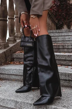 Ocieplane Kozaki Na Szpilce Z Wywiniętą Cholewką Czarne Tamonia