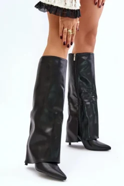 Ocieplane Kozaki Na Szpilce Z Wywiniętą Cholewką Czarne Tamonia