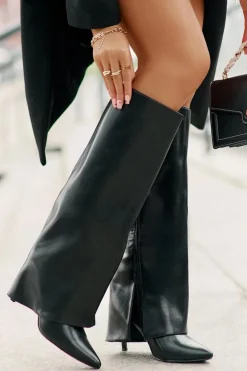 Ocieplane Kozaki Na Szpilce Z Wywiniętą Cholewką Czarne Tamonia