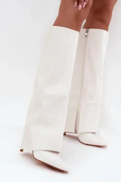 Ocieplane Kozaki Na Szpilce Z Wywiniętą Cholewką Białe Tamonia