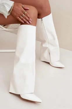 Ocieplane Kozaki Na Szpilce Z Wywiniętą Cholewką Białe Tamonia