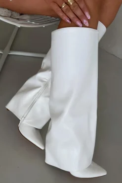 Ocieplane Kozaki Na Szpilce Z Wywiniętą Cholewką Białe Tamonia