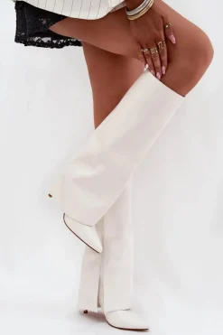 Ocieplane Kozaki Na Szpilce Z Wywiniętą Cholewką Białe Tamonia