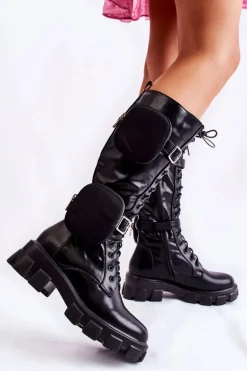 Ocieplane Kozaki Z Torebkami Czarne Military