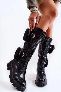 Ocieplane Kozaki Z Torebkami I Zwierzęcym Wzorem Czarne Military