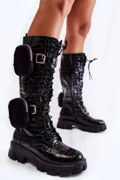 Ocieplane Kozaki Z Torebkami I Zwierzęcym Wzorem Czarne Military