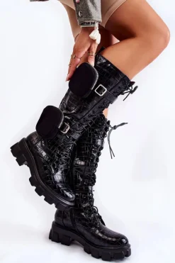 Ocieplane Kozaki Z Torebkami I Zwierzęcym Wzorem Czarne Military