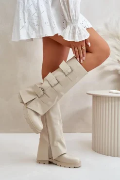 Ocieplane Kozaki Z Wywiniętą Cholewką I Klamrami Jasnobeżowe Cialetta