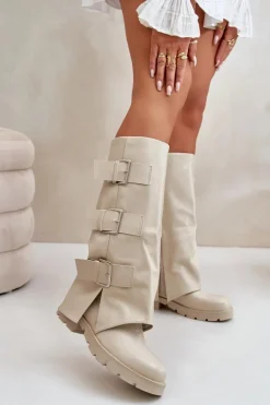 Ocieplane Kozaki Z Wywiniętą Cholewką I Klamrami Jasnobeżowe Cialetta